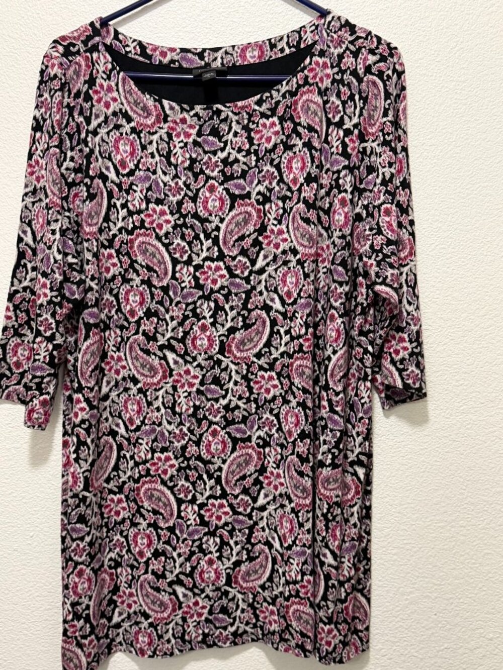 J Jill Wearever Collection black multi paisley print tunic, 3/4 sleeves, size XL